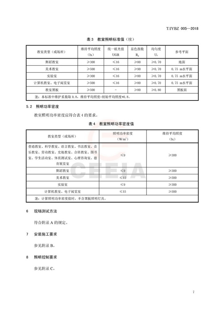 中小学教室照明技术规范 T/JYBZ 005-2018